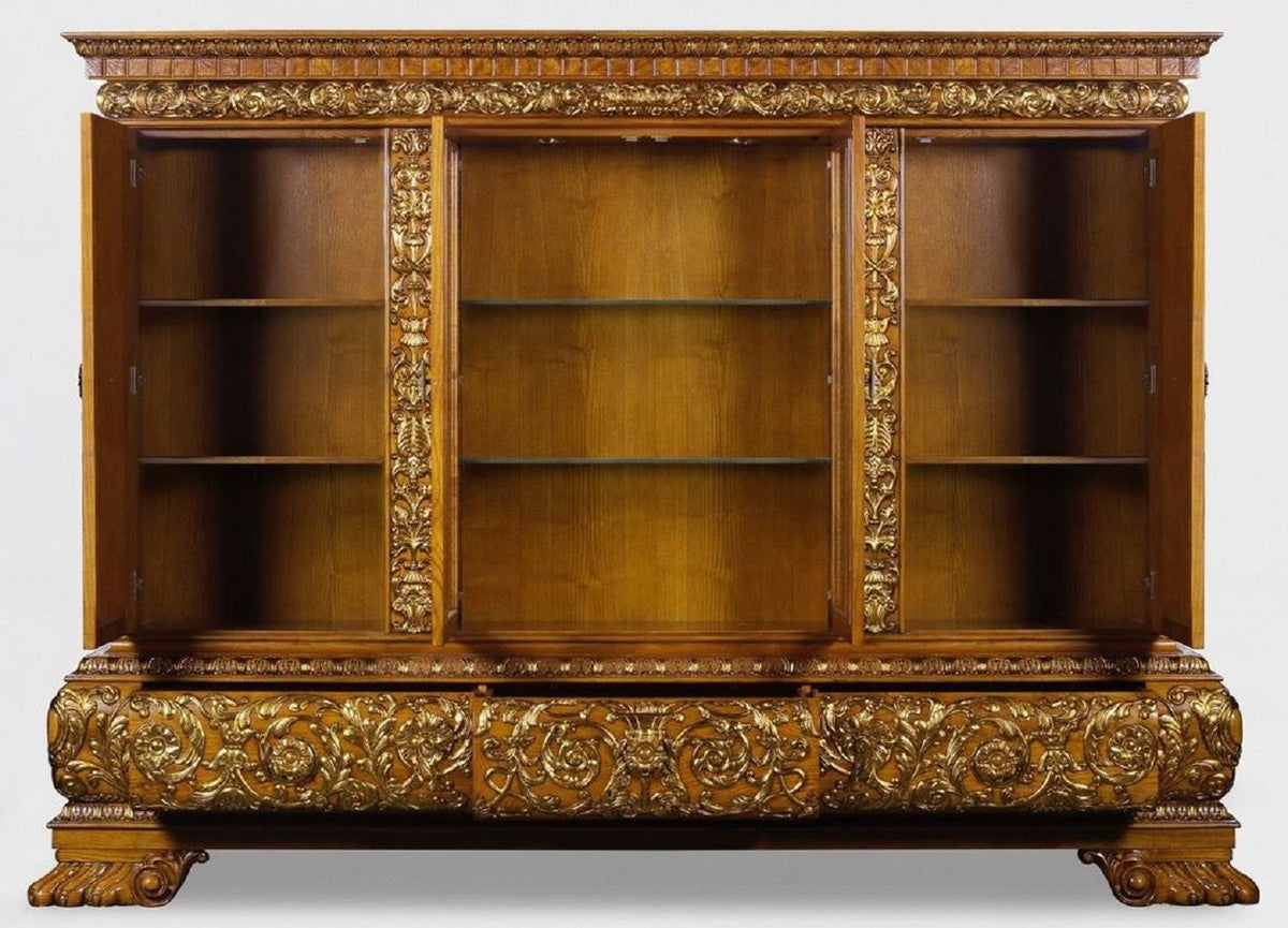 Luxus Wohnzimmerschrank mit LED Beleuchtung Braun / Gold 268 x 58 x H. 189 cm - Massivholz Schrank - Luxus Möbel - Luxus Einrichtung - Wohnzimmer Einrichtung - Luxus Qualität