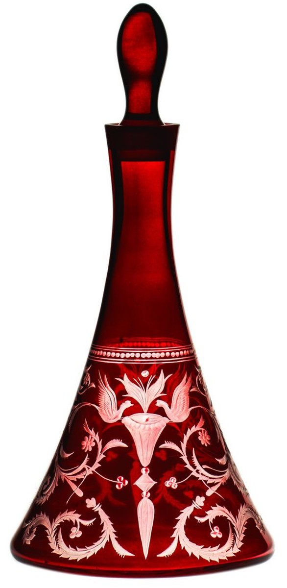 Luxus Weinkaraffe Rot / Silber Ø 17 x H. 36 cm - Mundgeblasene und handgravierte Glas Karaffe - Hotel & Restaurant Accessoires - Luxus Qualität