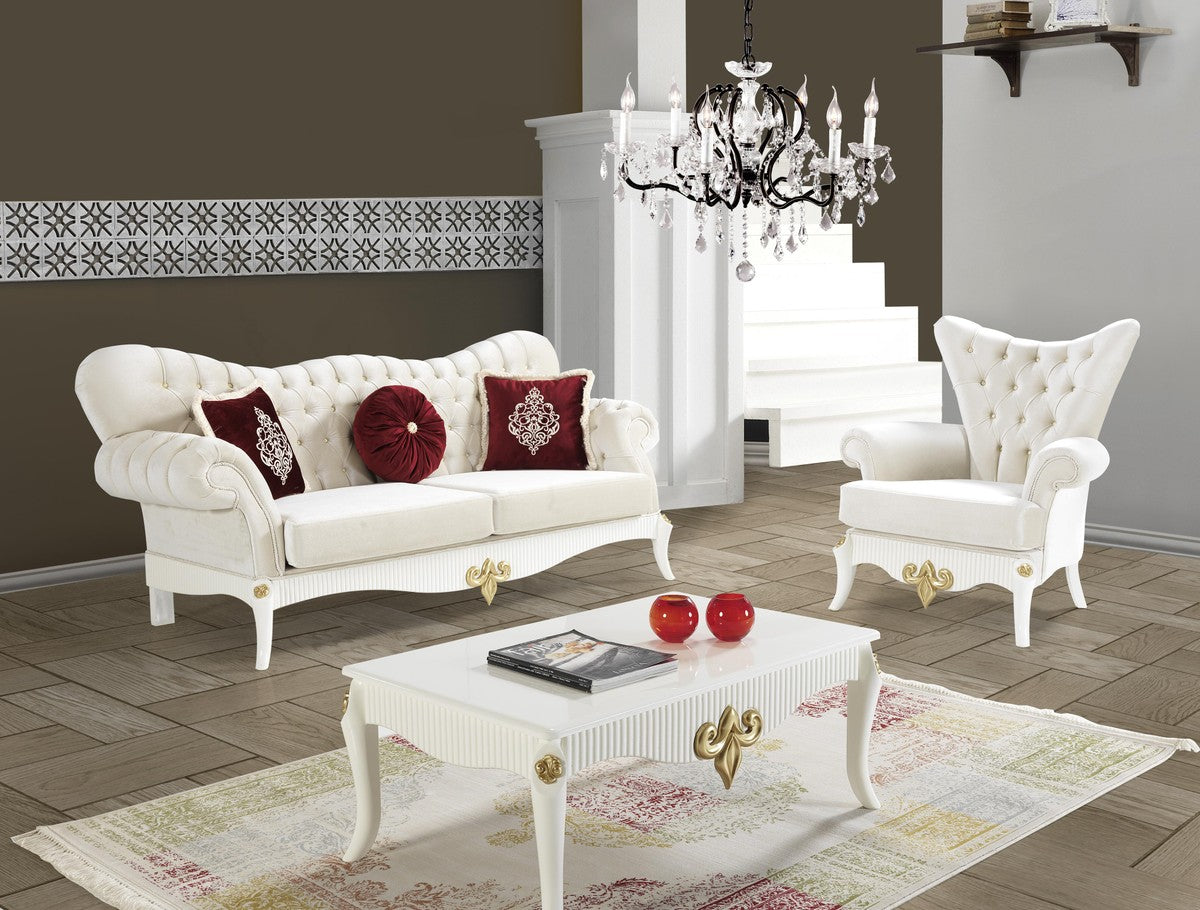 Barock Wohnzimmer Set Creme / Weiß / Gold - 2 Sofas & 2 Sessel & 1 Couchtisch - Edle Wohnzimmer Möbel im Barockstil
