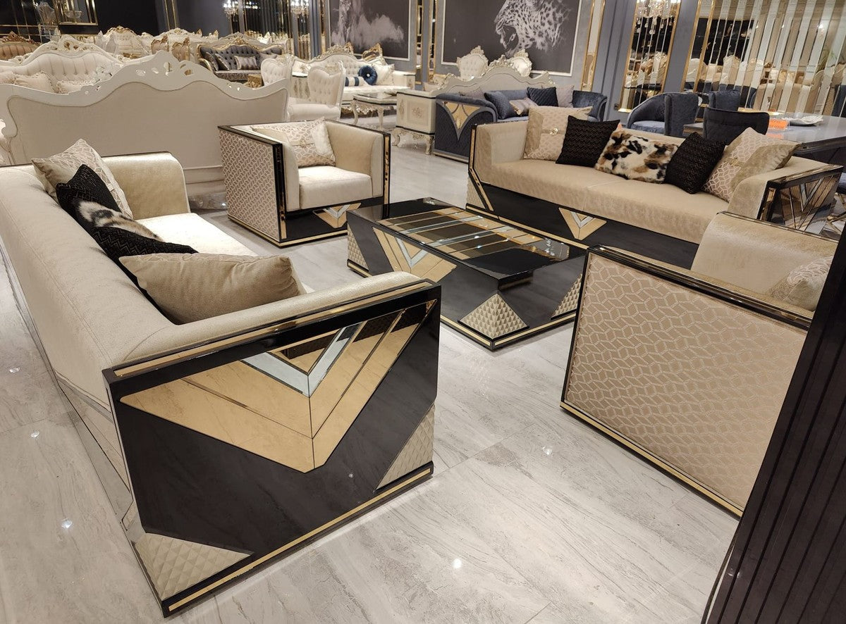 Luxus Wohnzimmer Set Gold / Schwarz - 2 Luxus Sofas & 2 Luxus Sessel & 1 Luxus Couchtisch - Wohnzimmer Möbel - Luxus Möbel - Luxus Einrichtung - Wohnzimmer Einrichtung