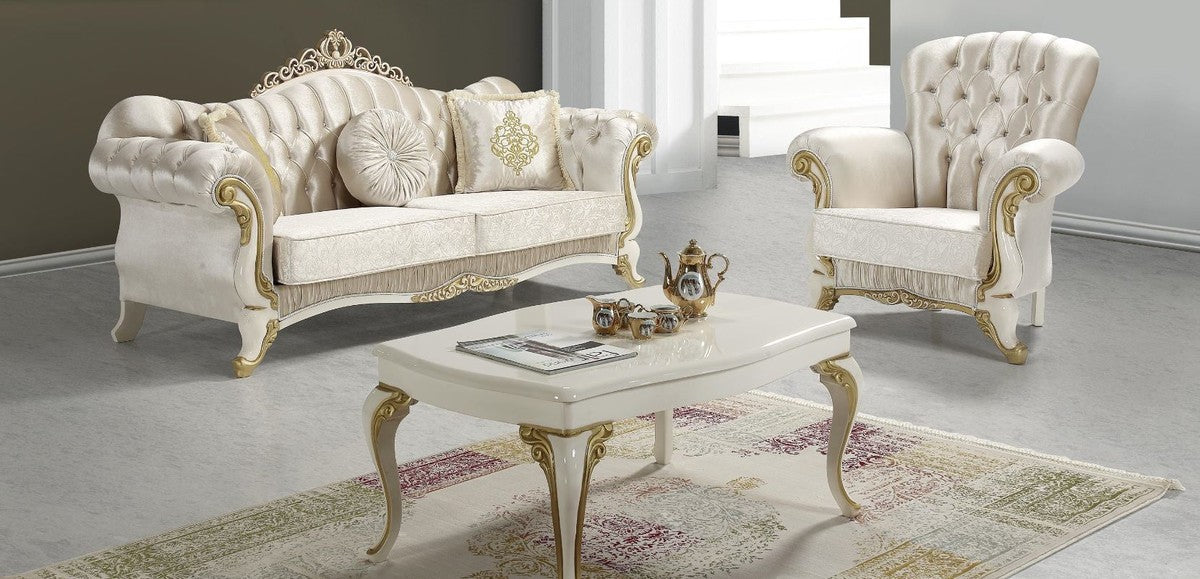 Barock Wohnzimmer Set Champagnerfarben / Creme / Gold - 2 Sofas & 2 Sessel & 1 Couchtisch - Wohnzimmer Möbel - Edel & Prunkvoll