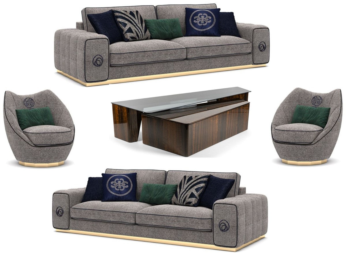 Luxus Wohnzimmer Set Grau / Braun - 2 Sofas & 2 Sessel & 1 Couchtisch Set - Edle Wohnzimmermöbel - Luxus Möbel