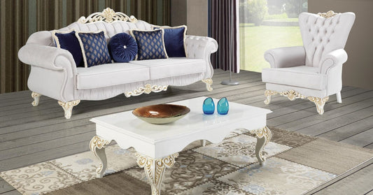 Barock Wohnzimmer Set Hellgrau / Weiß / Creme / Gold - 2 Sofas & 2 Sessel & 1 Couchtisch - Edle Wohnzimmer Möbel im Barockstil