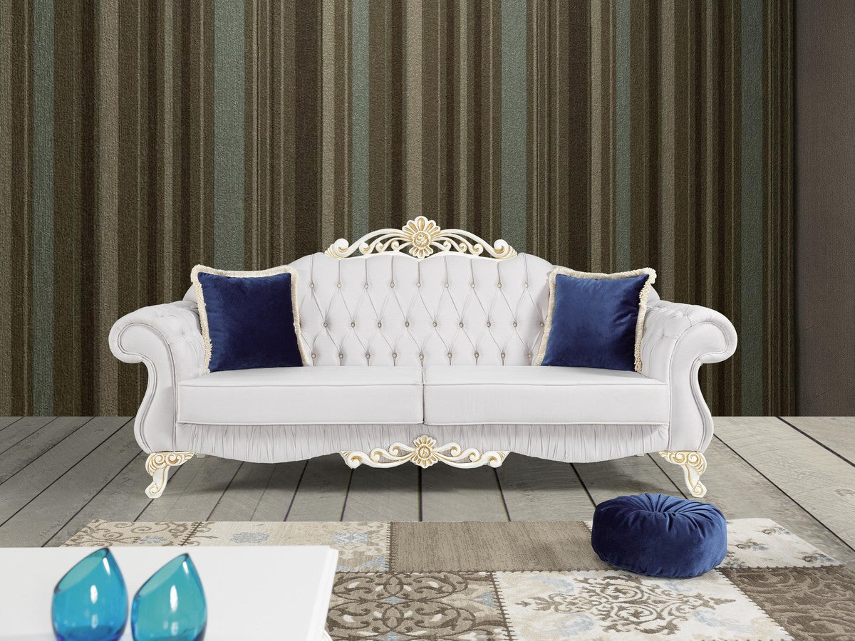 Barock Wohnzimmer Set Hellgrau / Weiß / Creme / Gold - 2 Sofas & 2 Sessel & 1 Couchtisch - Edle Wohnzimmer Möbel im Barockstil