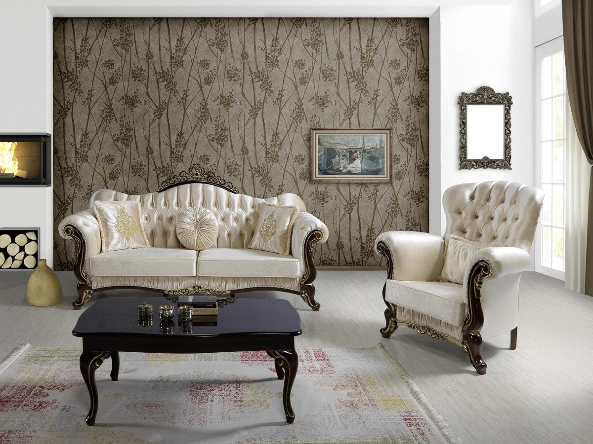 Barock Wohnzimmer Set Champagnerfarben / Schwarz / Gold - 2 Sofas & 2 Sessel & 1 Couchtisch - Wohnzimmer Möbel - Edel & Prunkvoll