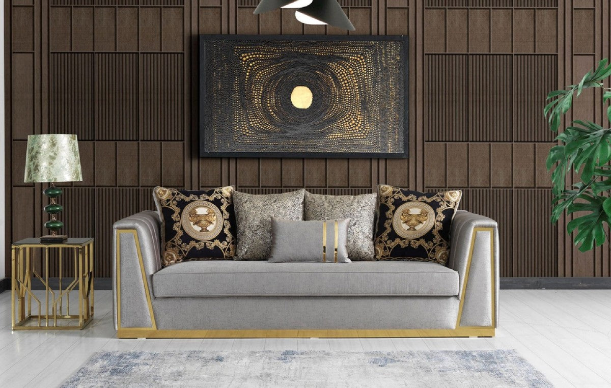 Luxus Wohnzimmer Set Grau / Gold - 2 Sofas & 2 Sessel & 1 Couchtisch - Moderne Wohnzimmer Möbel - Luxus Qualität