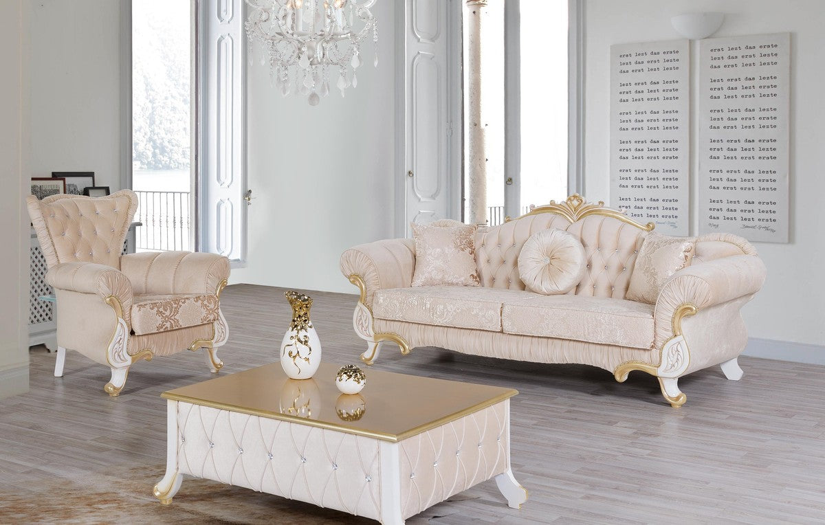 Barock Wohnzimmer Set Beige / Weiß / Gold - 2 Sofas & 2 Sessel & 1 Couchtisch - Wohnzimmer Möbel im Barockstil - Edle Barock Möbel