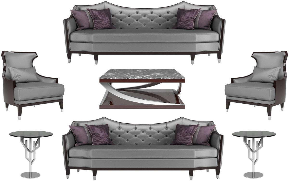 Luxus Wohnzimmer Set Silber / Schwarz / Dunkelbraun - 2 Sofas & 2 Sessel & 1 Couchtisch & 2 Beistelltische - Luxus Wohnzimmer Möbel