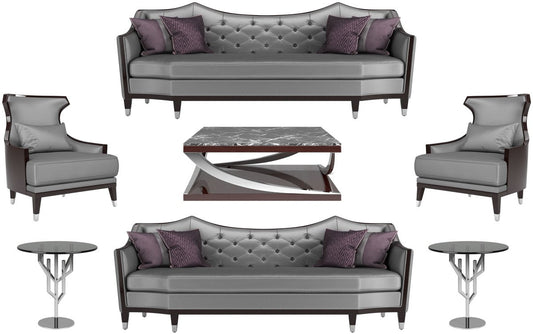 Luxus Wohnzimmer Set Silber / Schwarz / Dunkelbraun - 2 Sofas & 2 Sessel & 1 Couchtisch & 2 Beistelltische - Luxus Wohnzimmer Möbel