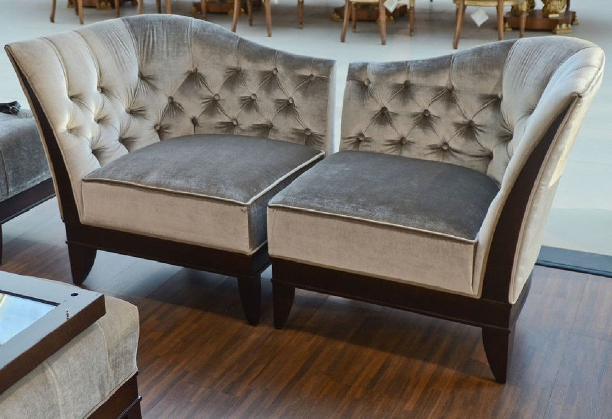 Luxus Wohnzimmer Sessel Set Silbergrau / Dunkelbraun - 2 Neoklassische Sessel mit edlem Velourstoff - Wohnzimmer Möbel im Neoklassischem Stil