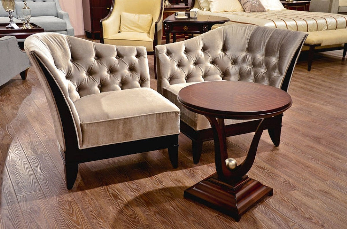 Luxus Wohnzimmer Sessel Set Silbergrau / Dunkelbraun - 2 Neoklassische Sessel mit edlem Velourstoff - Wohnzimmer Möbel im Neoklassischem Stil