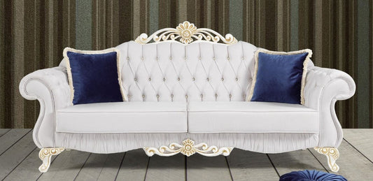 Barock Sofa Hellgrau / Weiß / Gold 235 x 85 x H. 112 cm - Edles Wohnzimmer Sofa mit Glitzersteinen - Barock Möbel