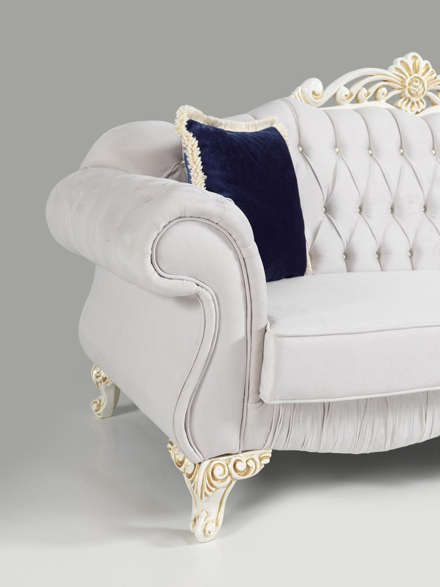 Barock Sofa Hellgrau / Weiß / Gold 235 x 85 x H. 112 cm - Edles Wohnzimmer Sofa mit Glitzersteinen - Barock Möbel