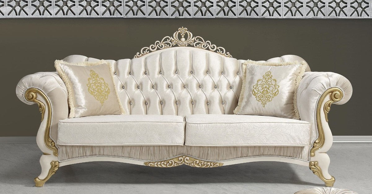 Barock Wohnzimmer Sofa mit Glitzersteinen Champagnerfarben / Creme / Gold 224 x 83 x H. 112 cm - Wohnzimmer Möbel - Edel & Prunkvoll