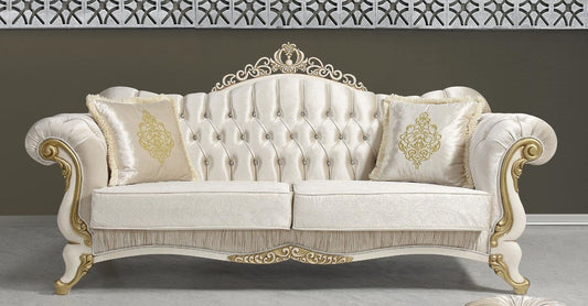 Barock Wohnzimmer Sofa mit Glitzersteinen Champagnerfarben / Creme / Gold 224 x 83 x H. 112 cm - Wohnzimmer Möbel - Edel & Prunkvoll