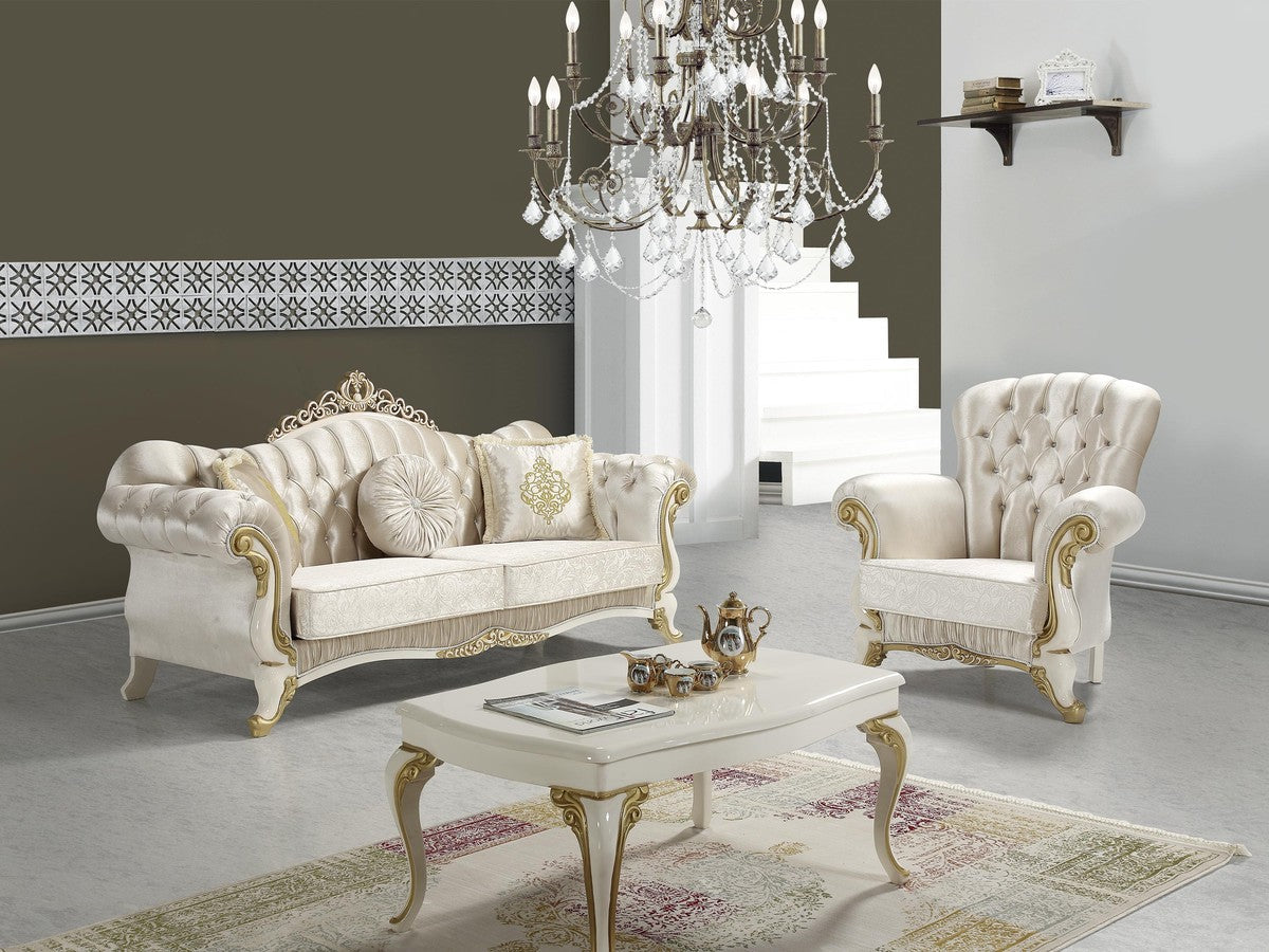 Barock Wohnzimmer Sofa mit Glitzersteinen Champagnerfarben / Creme / Gold 224 x 83 x H. 112 cm - Wohnzimmer Möbel - Edel & Prunkvoll