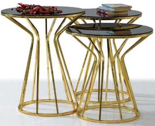 Designer Beistelltisch Set Gold / Grau - 3 Metall Tische mit Glasplatte - Wohnzimmer Möbel - Luxus Kollektion