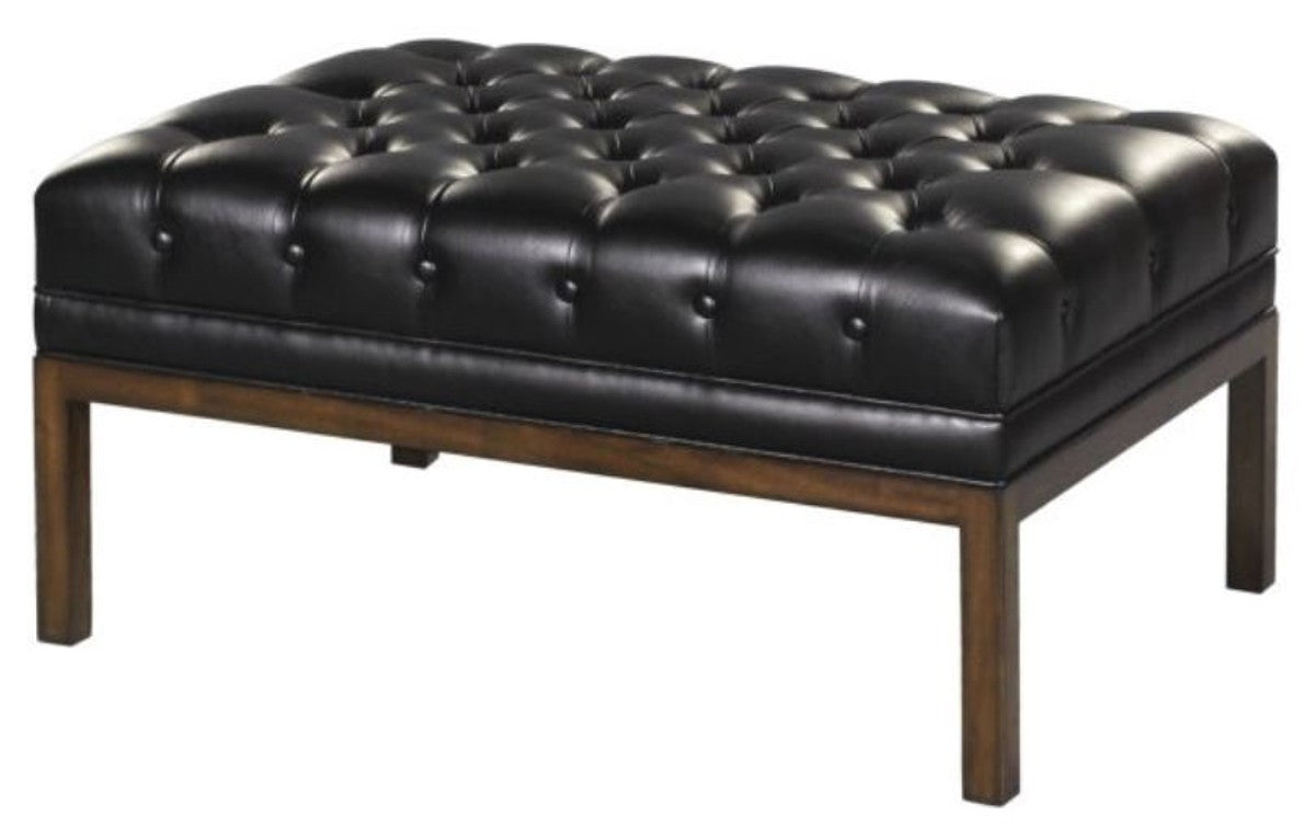 Chesterfield Echtleder Fußhocker Schwarz / Braun 80 x 59 x H. 40 cm - Hotel Möbel