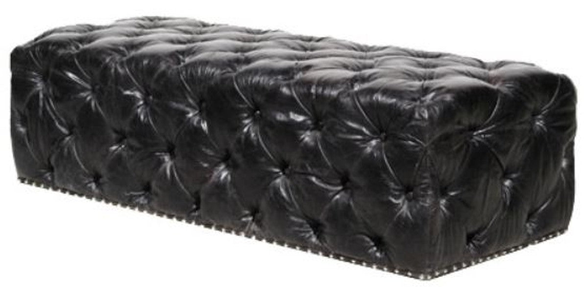 Chesterfield Echtleder Fußhocker Vintage Schwarz 140 x 60 x H. 42 cm - Luxus Qualität