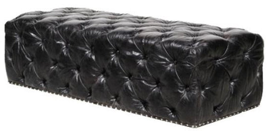 Chesterfield Echtleder Fußhocker Vintage Schwarz 140 x 60 x H. 42 cm - Luxus Qualität