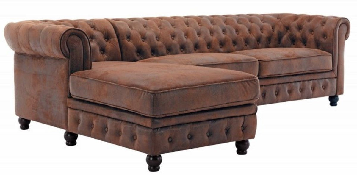Chesterfield Ecksofa Links Antik Braun - Microfaser Wohnzimmer Sofa - Chesterfield Wohnzimmer Möbel