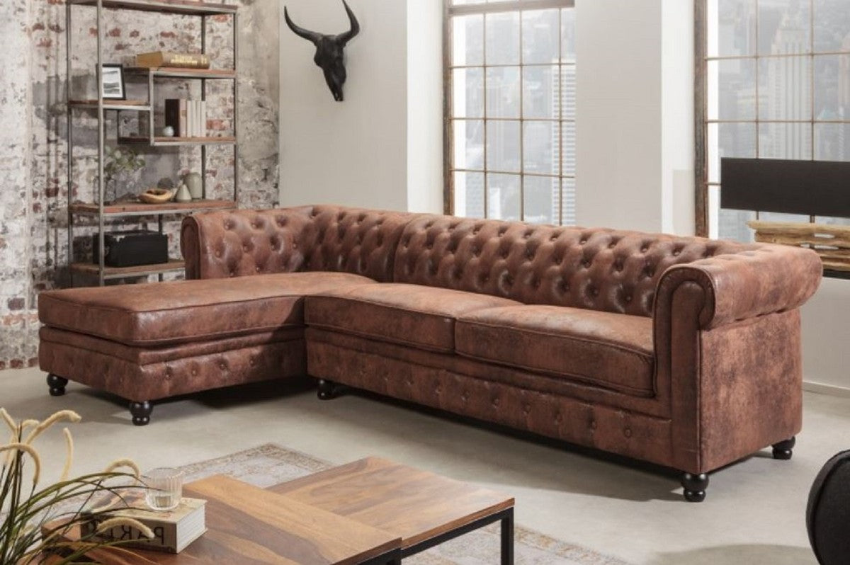 Chesterfield Ecksofa Links Antik Braun - Microfaser Wohnzimmer Sofa - Chesterfield Wohnzimmer Möbel