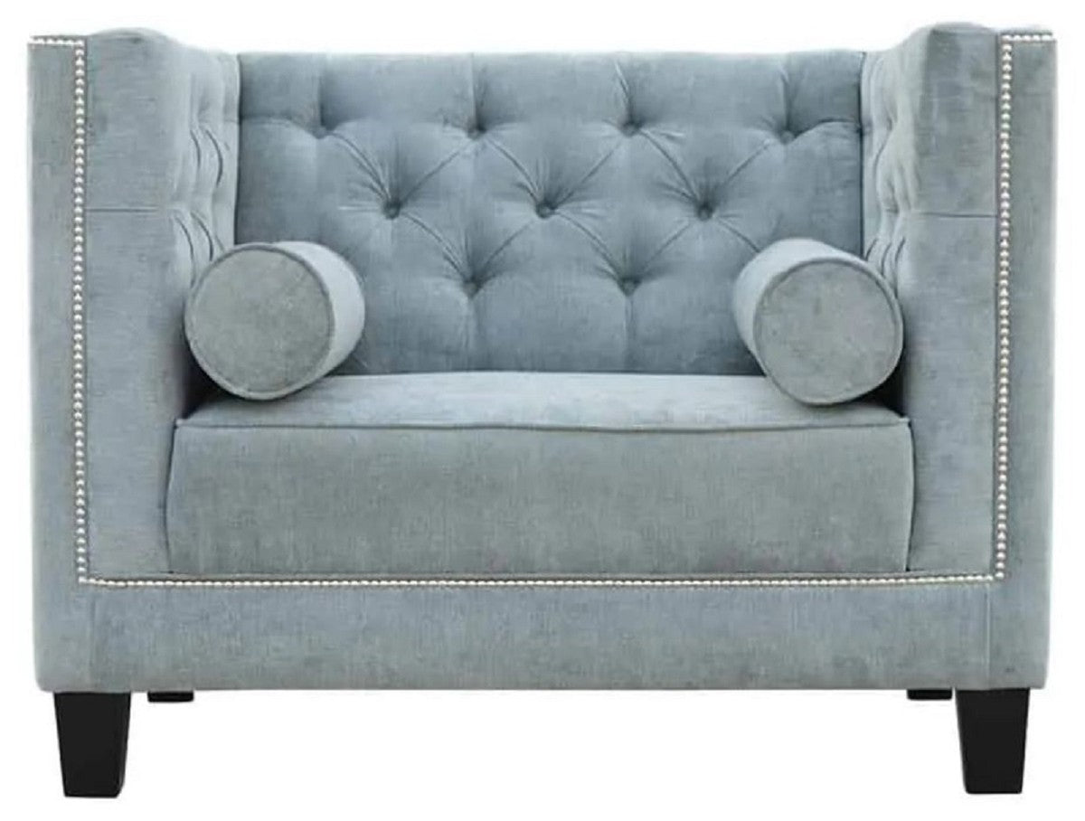 Chesterfield Sessel Hellblau / Schwarz 100 x 84 x H. 83 cm - Moderner Wohnzimmer Sessel - Chesterfield Wohnzimmer Möbel