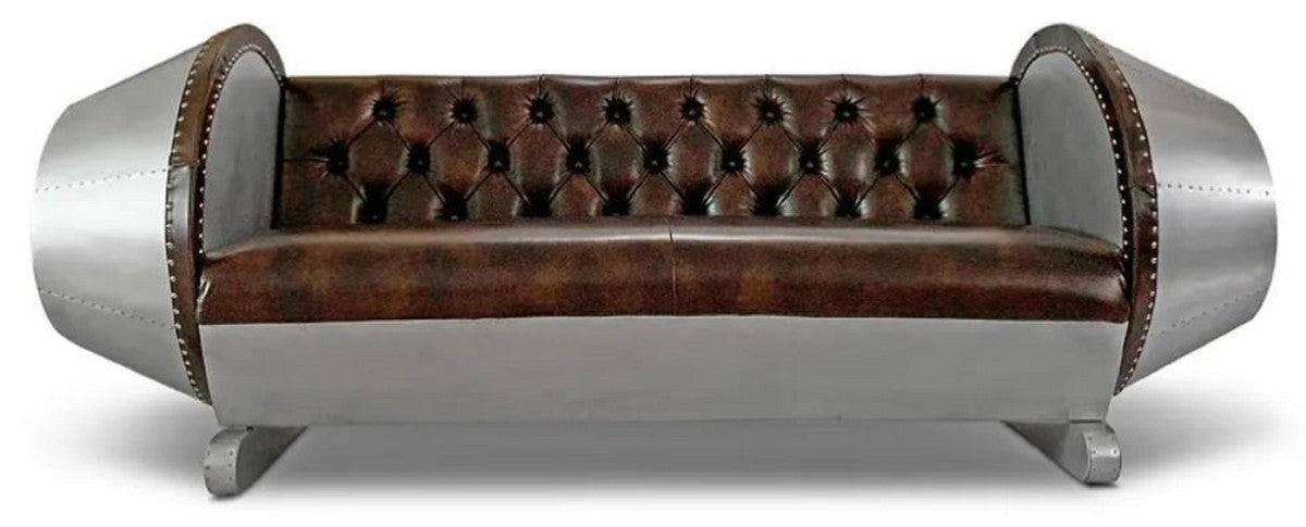 Chesterfield Leder Sofa Silber / Braun 240 x 82 x H. 91 cm - Echtleder Wohnzimmer Sofa - Flugzeug Möbel - Flieger Möbel - Chesterfield Möbel - Wohnzimmer Möbel - Echtleder Möbel