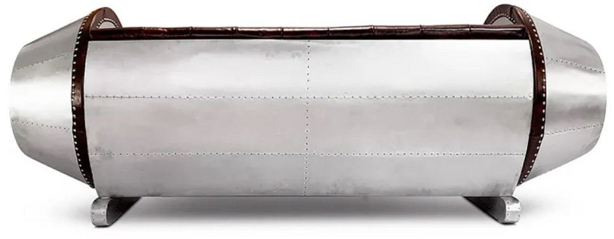Chesterfield Leder Sofa Silber / Braun 240 x 82 x H. 91 cm - Echtleder Wohnzimmer Sofa - Flugzeug Möbel - Flieger Möbel - Chesterfield Möbel - Wohnzimmer Möbel - Echtleder Möbel