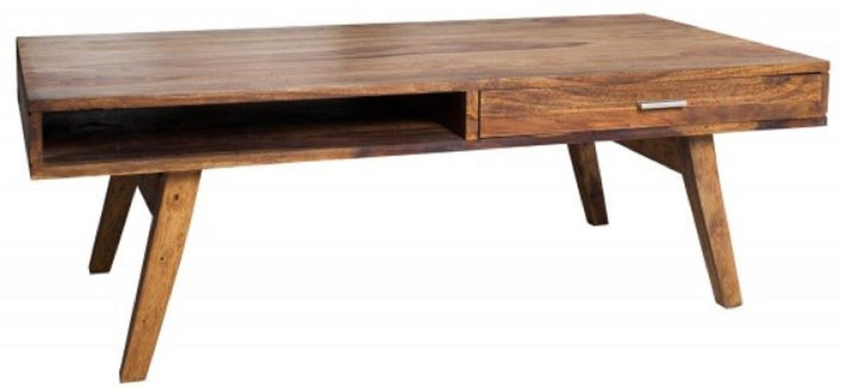Massivholz Couchtisch Naturfarben 100 x 55 x H. 40 cm - Wohnzimmertisch im Retro Style - Retro Design Wohnzimmer Möbel