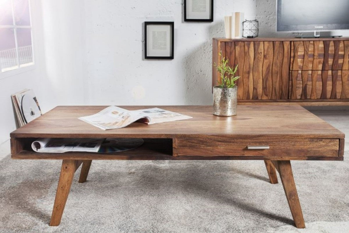 Massivholz Couchtisch Naturfarben 100 x 55 x H. 40 cm - Wohnzimmertisch im Retro Style - Retro Design Wohnzimmer Möbel
