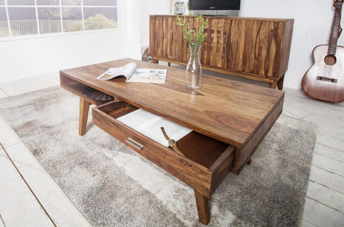 Massivholz Couchtisch Naturfarben 100 x 55 x H. 40 cm - Wohnzimmertisch im Retro Style - Retro Design Wohnzimmer Möbel