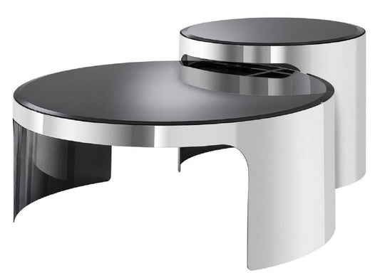Designer Couchtisch Set Silber / Schwarz - Luxus Edelstahl Wohnzimmertische mit Glasplatten - Luxus Wohnzimmer Möbel