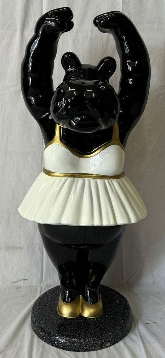 XXL Deko Skulptur Nilpferd Ballerina Schwarz / Weiß / Gold H. 98 cm