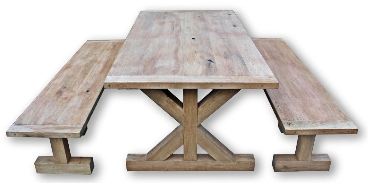 Massivholz Esszimmer Set Naturfarben - Eichenholz Esstisch mit 2 Sitzbänken - Esszimmmer Möbel - Restaurant Möbel - Rustikale Eichenholz Möbel