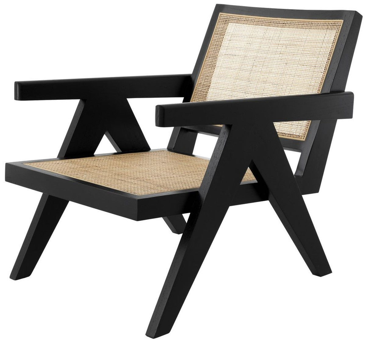 Designer Stuhl Schwarz / Naturfarben 58 x 82 x H. 70 cm - Massivholz Stuhl mit Armlehnen und handgewebtem Rattangeflecht - Luxus Wohnzimmer Möbel