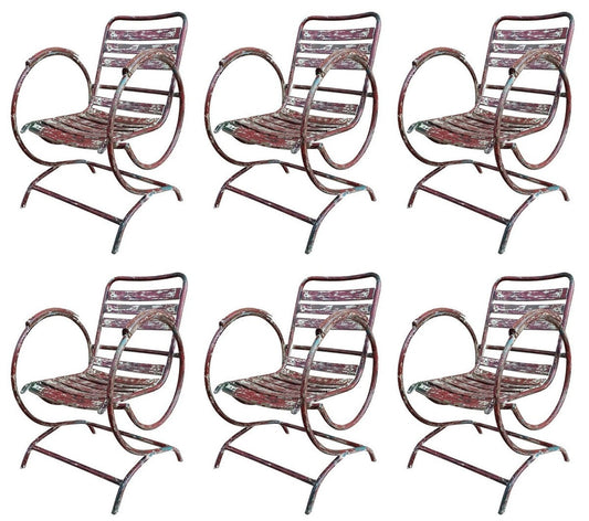 Jugendstil Gartenstuhl Set Antik Rot 60 x 45 x H. 85 cm - Handgefertigte Schmiedeeisen Stühle mit Armlehnen - Nostalgische Garten Möbel