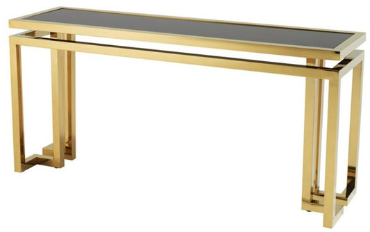 Designer Edelstahl Konsole gold mit schwarzem Glas - Luxus Konsolentisch