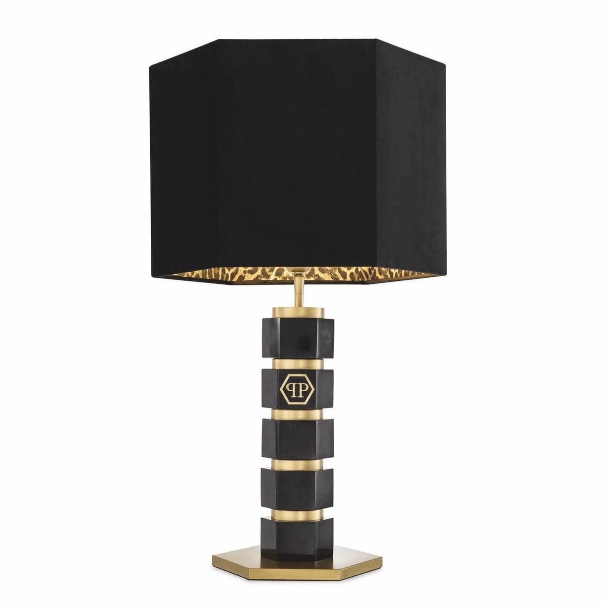 Philipp Plein Luxus Marmor Tischleuchte H. 76 cm Schwarz / Messing / Leopard - Luxus Qualität