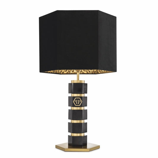 Philipp Plein Luxus Marmor Tischleuchte H. 76 cm Schwarz / Messing / Leopard - Luxus Qualität