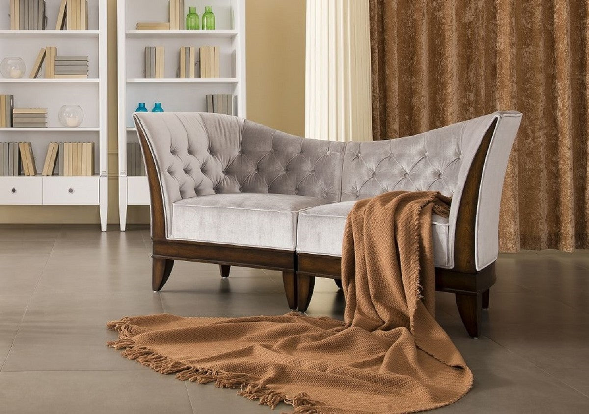 Luxus Wohnzimmer Sessel Silbergrau / Dunkelbraun 87 x 69,5 x H. 84 cm - Neoklassischer Sessel mit edlem Velourstoff - Wohnzimmer Möbel im Neoklassischem Stil