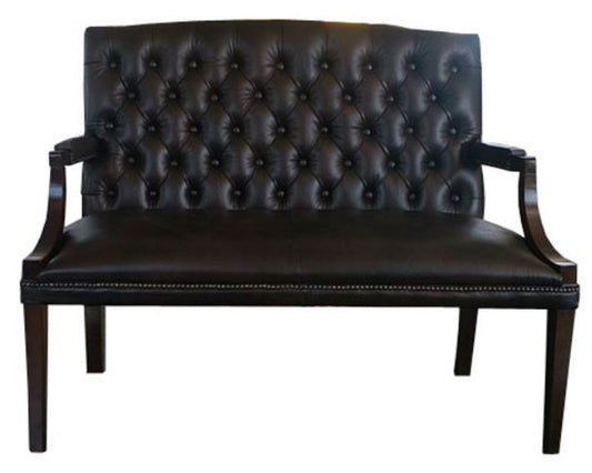 Chesterfield Echtleder 2er Sitzbank mit Armlehnen Schwarz / Dunkelbraun 120 x 60 x H. 100 cm - Luxus Möbel