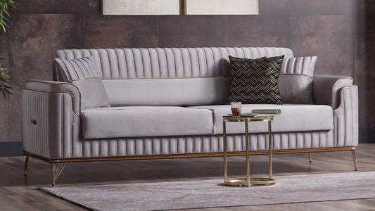 Luxus Wohnzimmer Sofa mit Schlaffunktion Grau / Gold 225 cm - Luxus Möbel