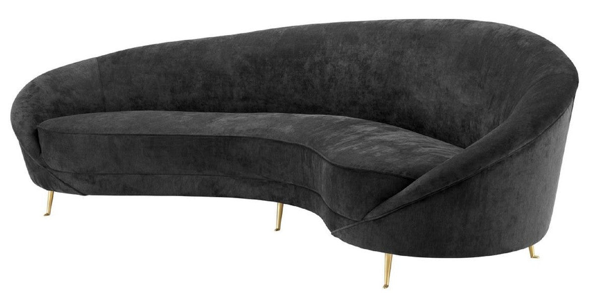 Designer Samt Sofa Schwarz / Messingfarben 245 x 87 x H. 79 cm - Gebogene Luxus Couch - Designer Wohnzimmer Möbel