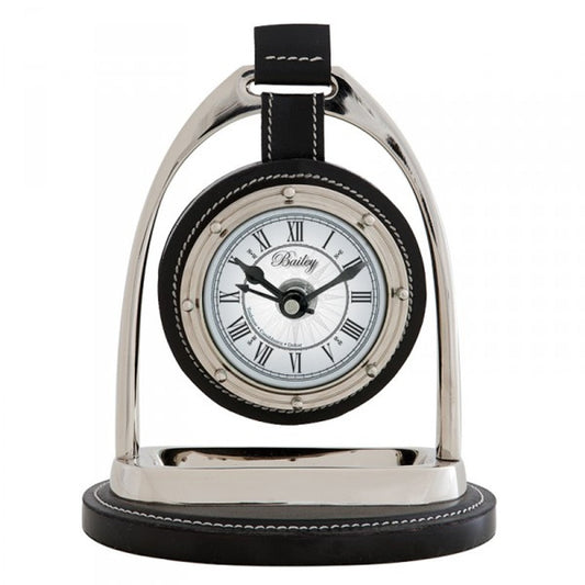 Designer Luxus Vintage Tischuhr Horsebit Nickel / Leder Schwarz 17 x 12,5 x H. 21 cm - Edel & Prunkvoll