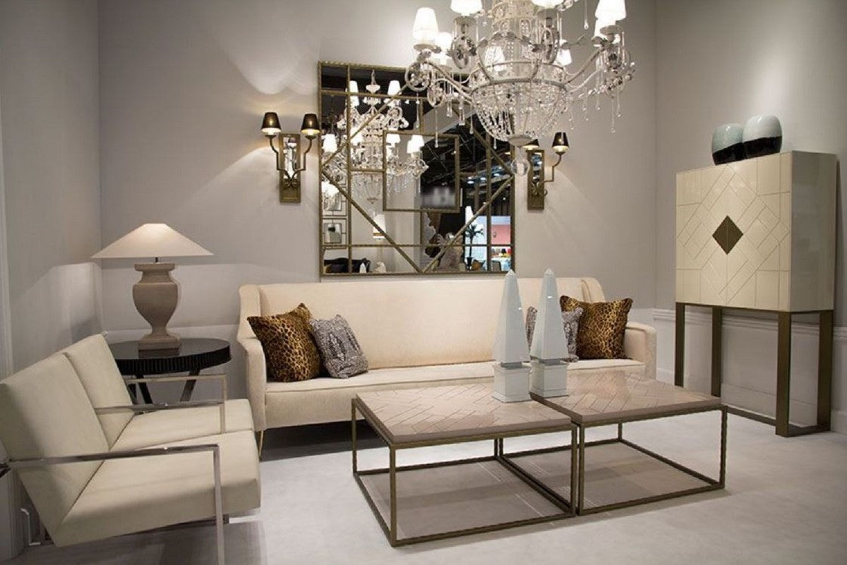 Designer Wohnzimmerschrank Creme / Messing 100 x 40 x H. 180 cm - Wohnzimmer Möbel - Luxus Qualität