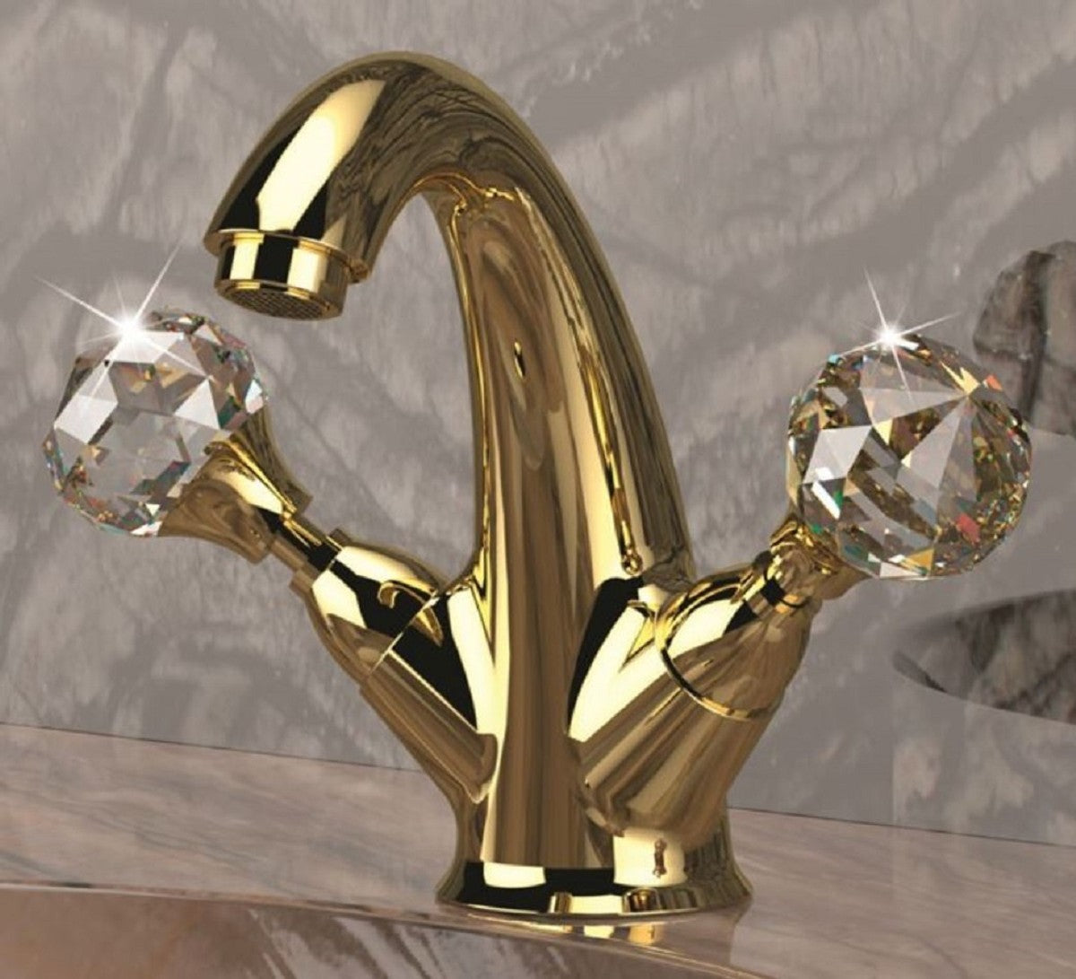 Luxus Waschtisch Armatur mit Swarovski Kristallglas Gold H. 15 cm - Einlochbatterie mit Ablaufgarnitur - Luxus Bad Zubehör - Made in Italy