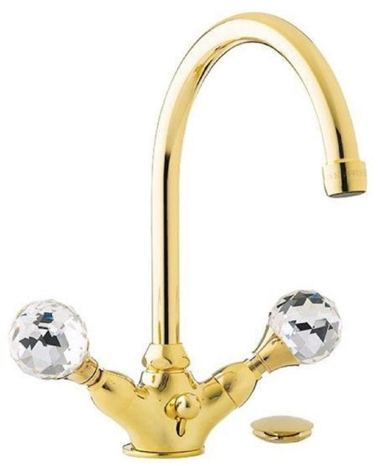 Luxus Waschtisch Armatur mit Swarovski Kristallglas Gold H. 30 cm - Einlochbatterie mit Ablaufgarnitur - Luxus Bad Zubehör - Made in Italy