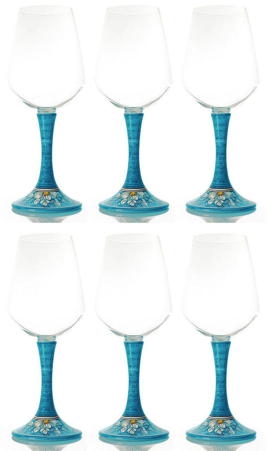 Luxus Weinglas 6er Set Hellblau / Mehrfarbig H. 23,5 cm - Handgefertigte & handbemalte Weingläser - Hotel & Restaurant Accessoires - Luxus Qualität - Made in Italy