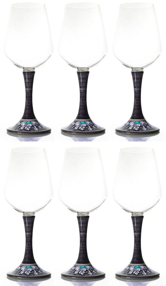 Luxus Weinglas 6er Set Schwarz / Mehrfarbig H. 23,5 cm - Handgefertigte & handbemalte Weingläser - Hotel & Restaurant Accessoires - Luxus Qualität - Made in Italy